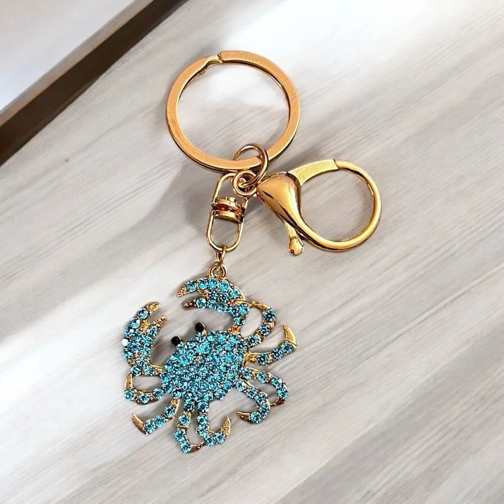 Crab Blue Rhinestone Gold Tone Keychain NWT